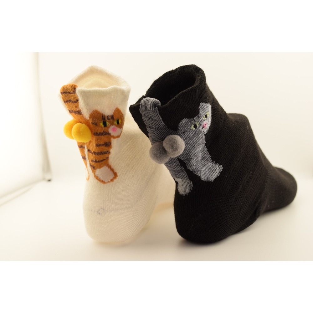 3D Cat Pom Pom Socks Womens Black Cream Funny Novelty Cat Lover 2 Pair